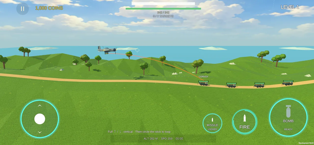 Actual Copper Skies gameplay: a fighter above green hills with landscape touch controls