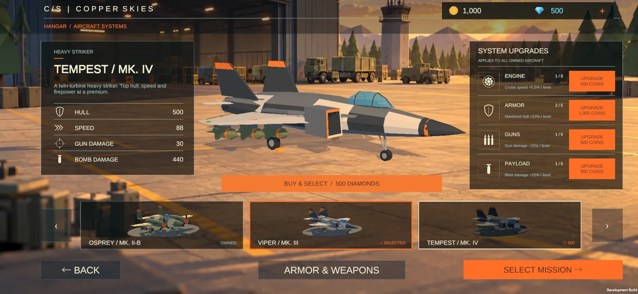 The Tempest heavy striker displayed in the in-game hangar with aircraft upgrades