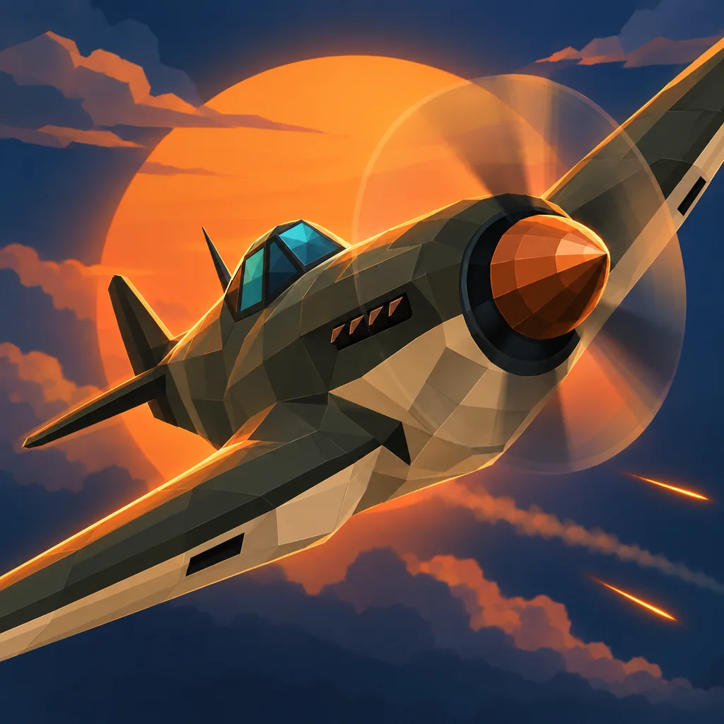 An olive-green fighter banking in front of a copper sunset
